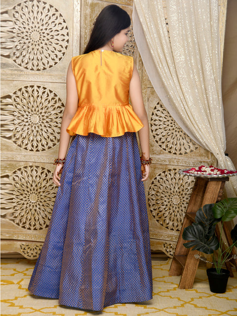 Saka Designs Mustard Peplum Angrakha Choli With Blue & Gold Jaquard Lehenga