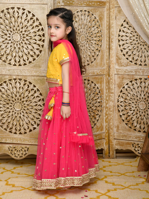 Saka Designs Yellow & Magenta Emberoidered Lehenga Choli With All Over Seuqence Work