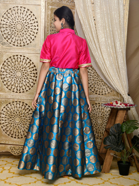 Saka Designs Indowestern Magenta Top With Blue & Gold Jaquard Lehenga