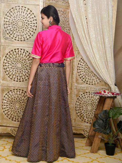 Saka Designs Indowestern Magenta Top With Navy & Gold Jaquard Lehenga