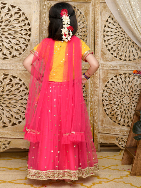 Saka Designs Yellow & Magenta Emberoidered Lehenga Choli With All Over Seuqence Work