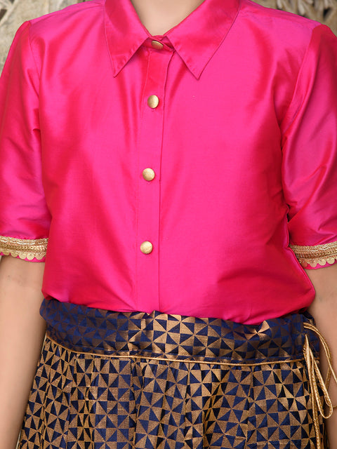 Saka Designs Indowestern Magenta Top With Navy & Gold Jaquard Lehenga