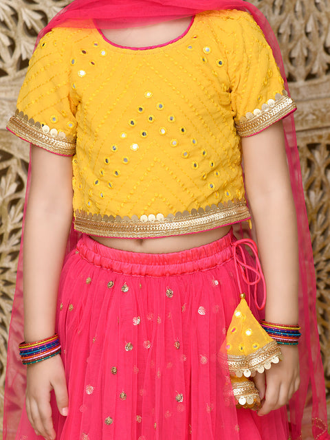 Saka Designs Yellow & Magenta Emberoidered Lehenga Choli With All Over Seuqence Work