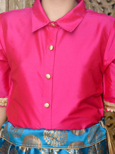 Saka Designs Indowestern Magenta Top With Blue & Gold Jaquard Lehenga