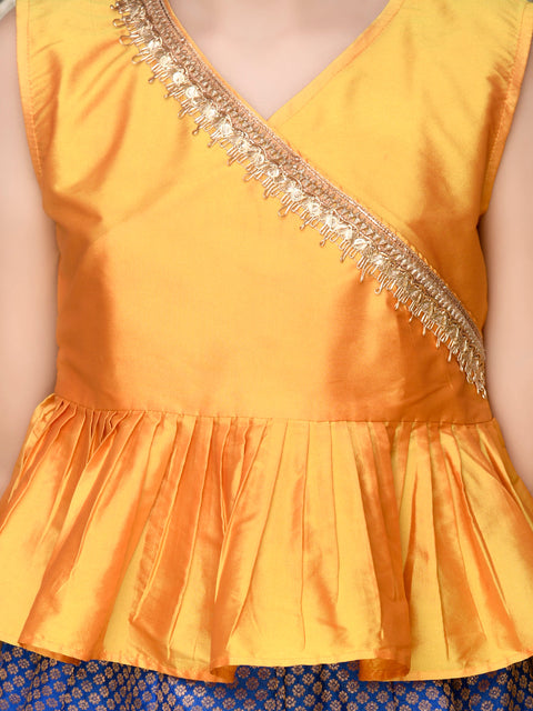 Saka Designs Mustard Peplum Angrakha Choli With Blue & Gold Jaquard Lehenga