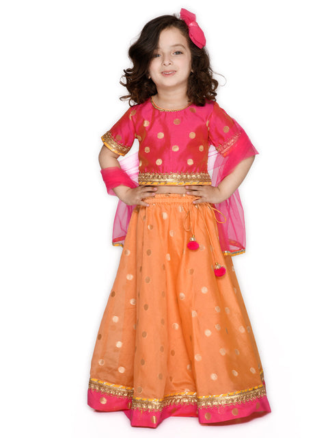 Saka Designs Magenta And Rust Poly Chanderi Lehenga Choli With Dupatta