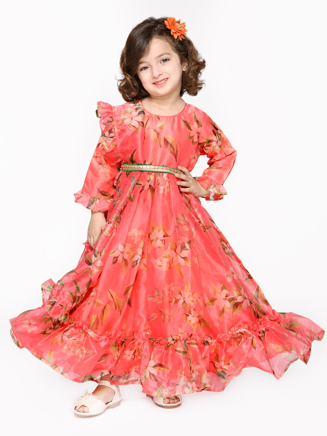 Saka Designs Peach Girl'S Maxi Dress/Gown Dupatta & A Belt