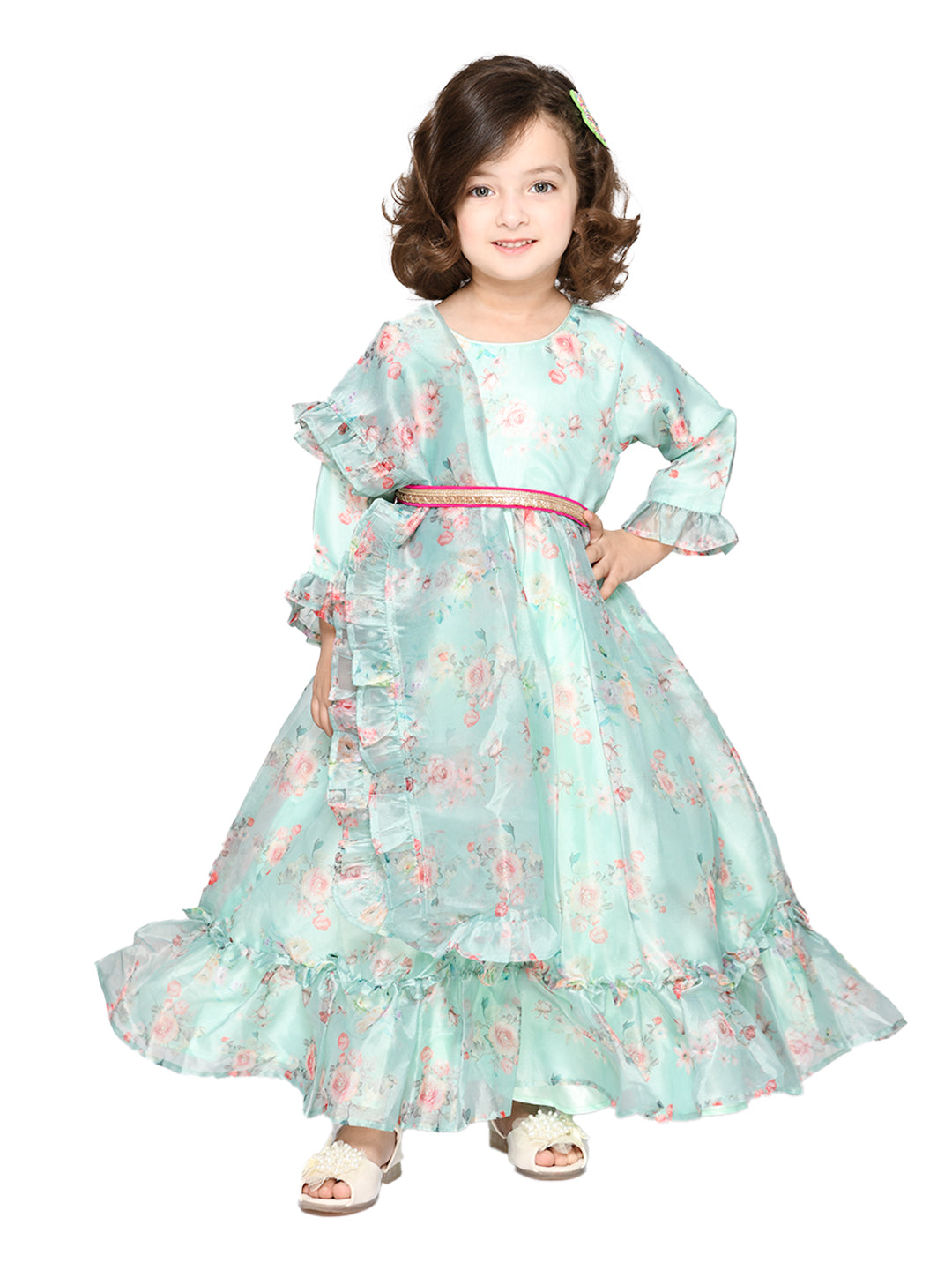 Saka Designs Blue Girl'S Maxi Dress/Gown Dupatta & A Belt
