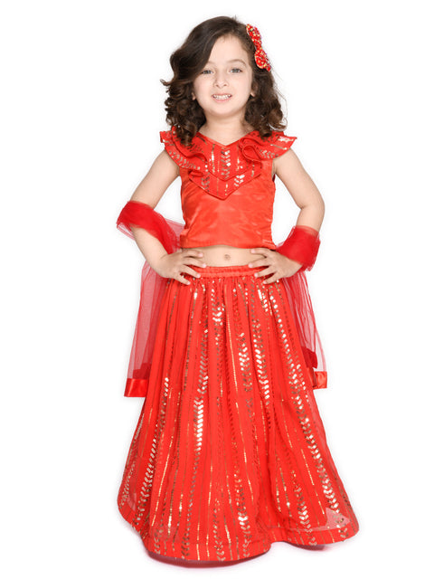 Saka Designs Red Full Embderoidered Lehenga Choli With Frills On The Neck