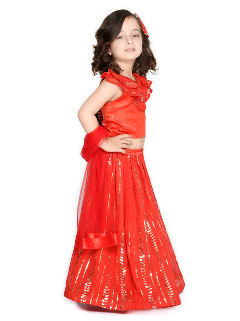 Saka Designs Red Full Embderoidered Lehenga Choli With Frills On The Neck