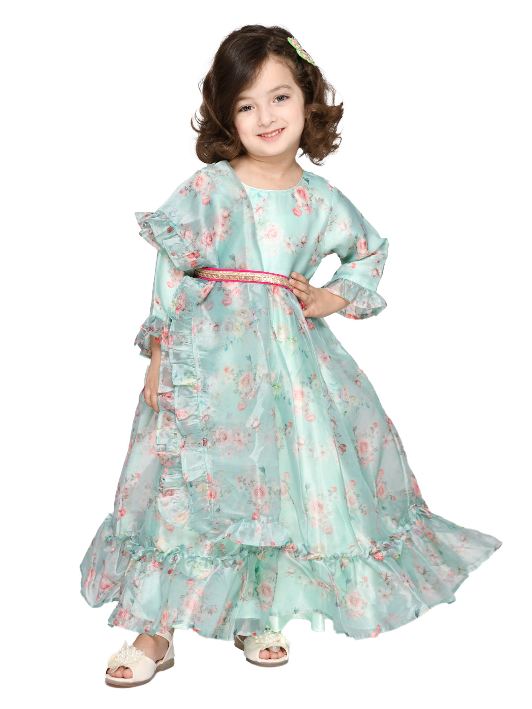 Saka Designs Blue Girl'S Maxi Dress/Gown Dupatta & A Belt