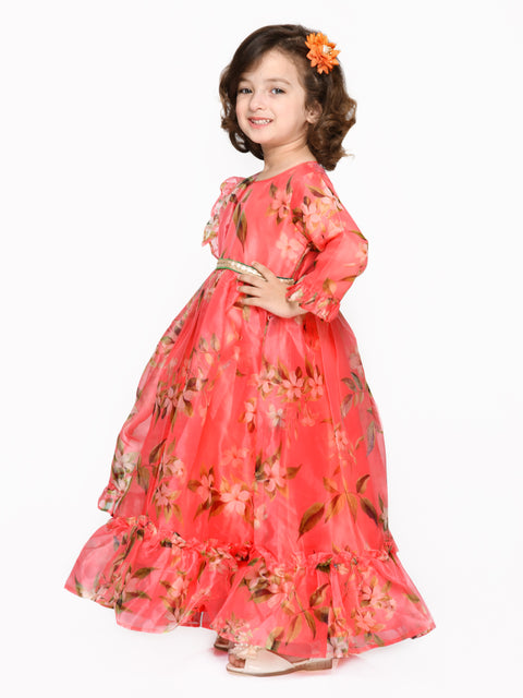Saka Designs Peach Girl'S Maxi Dress/Gown Dupatta & A Belt