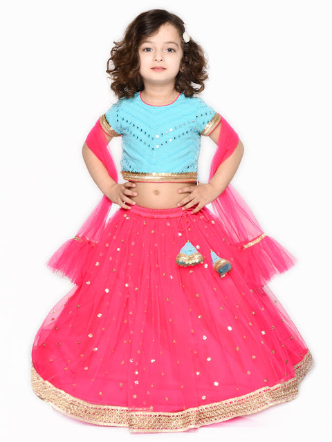 Saka Designs Blue And Magenta Embroidered Lehenga Choli With All Over Sequence Work