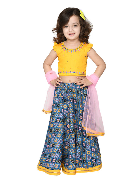 Saka Designs Blue Lehenga In Cotton Print With Yellow Embroidered Choli
