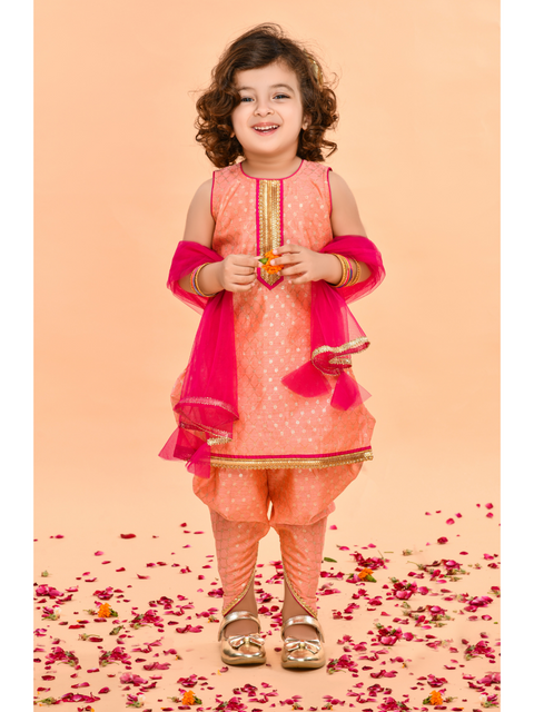 Saka Designs Peach With Gold Print Poly Chanderi Dhoti Kurta With Magenta Dupatta For Girls