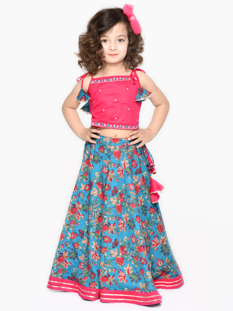 Saka Designs Flower Printed Cotton Lehenga With Embroidered Choli In Magenta Color