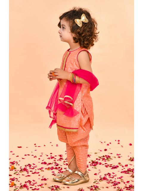 Saka Designs Peach With Gold Print Poly Chanderi Dhoti Kurta With Magenta Dupatta For Girls