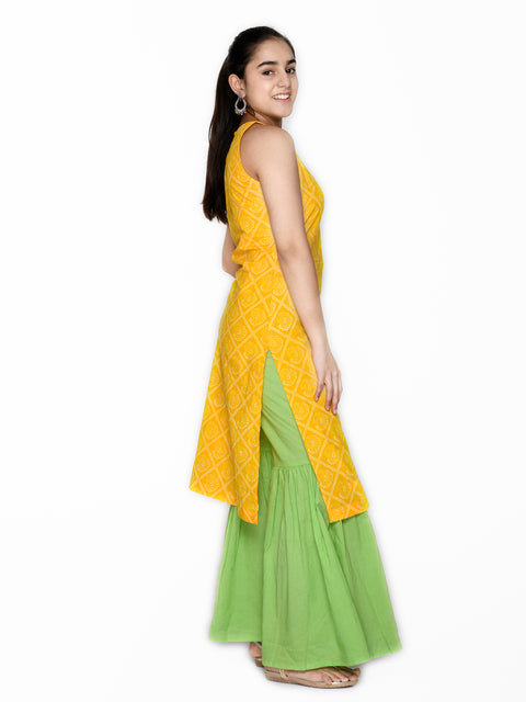 Yellow and Green Sharara Kurta set for Teens