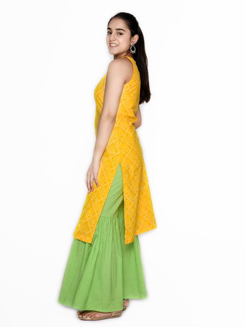 Yellow and Green Sharara Kurta set for Teens