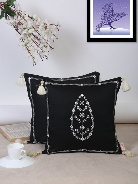 Mughal Embroidery in ivory on black cushion cover - Square