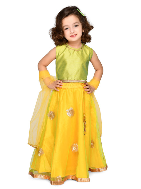Saka Designs Girl Green And Lime Yellow Lehenga Choli With Dupatta