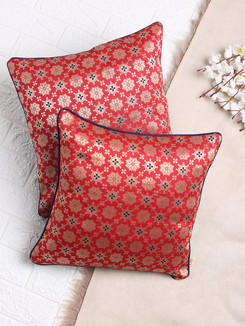 Red Gold Flower Pattern Jacquard Cushion Cover - Square