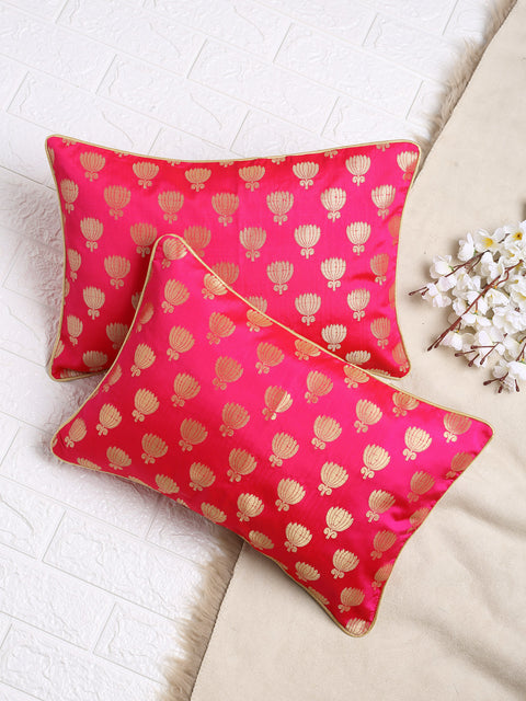 Lotus Motif Gold Magenta Cushion Cover - Rectangle