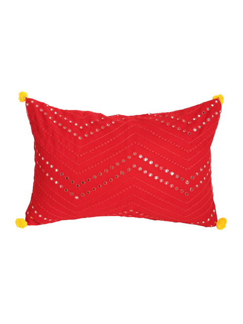 Red Embroidered Mirror work Cushion Cover - Rectangle