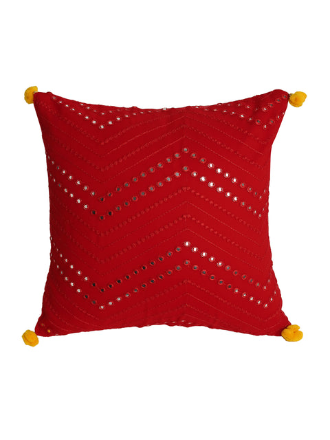 Red Embroidered Mirror work Cushion Cover - Square