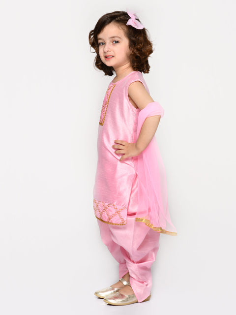 Saka Designs Baby Pink Dhoti Kurta With Embroidery On Yoke & Dupatta