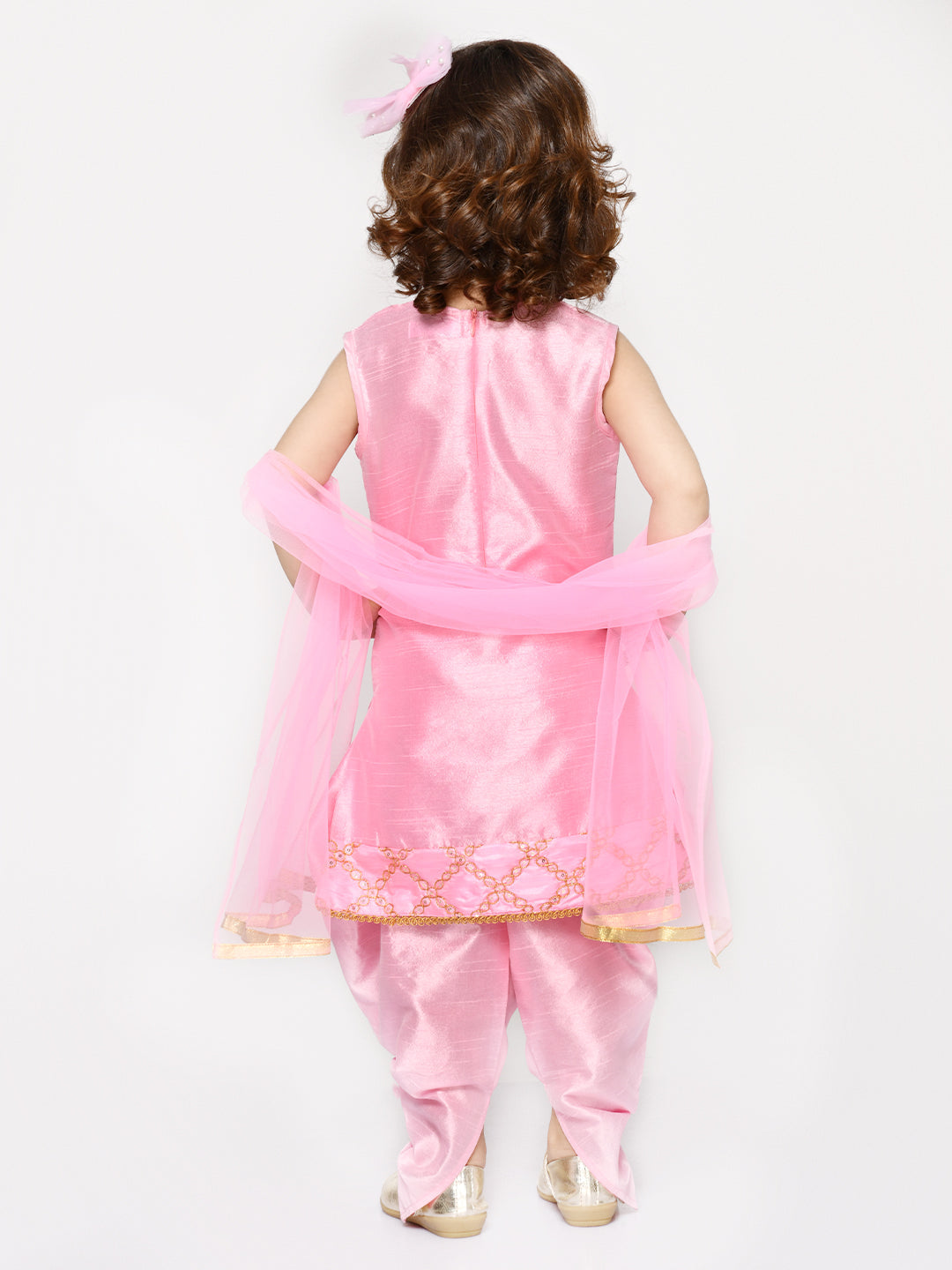 Saka Designs Baby Pink Dhoti Kurta With Embroidery On Yoke & Dupatta