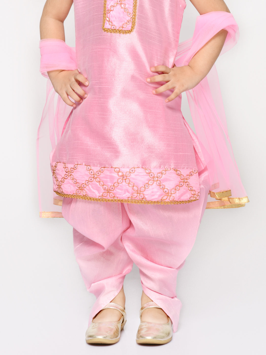 Saka Designs Baby Pink Dhoti Kurta With Embroidery On Yoke & Dupatta