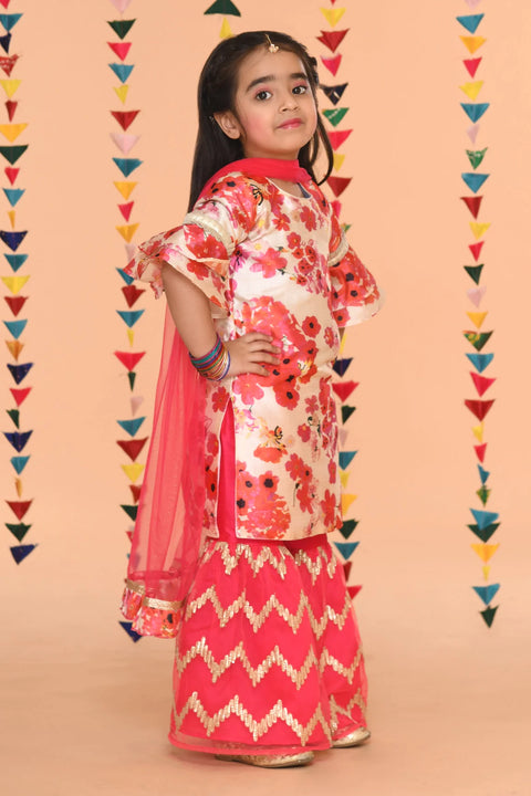 Saka Designs Girl Pink Floral Print Kurta With Sharara & Dupatta