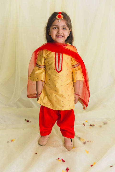 Saka Designs Girl Yellow Jaquard Kurta With Red Salwar & Dupatta