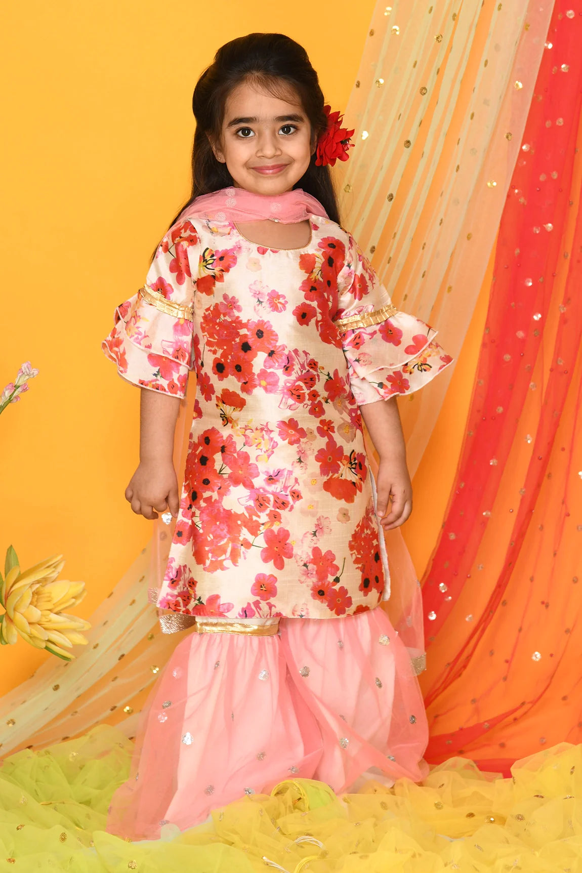 Saka Designs Girl Floral Print Pink Kurta With Sharara & Dupatta
