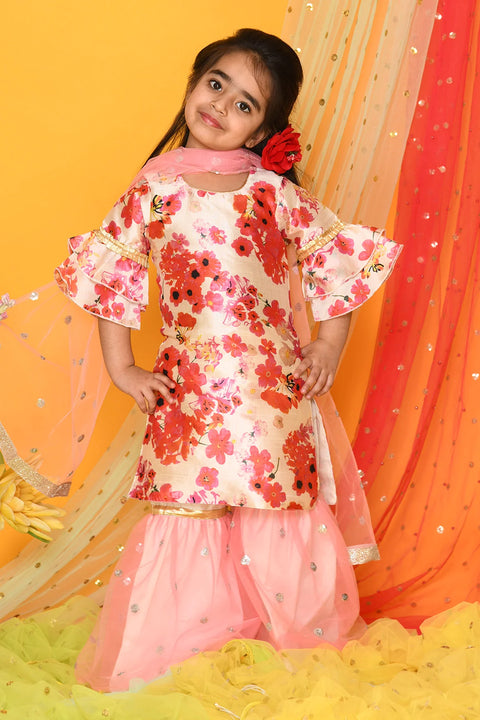 Saka Designs Girl Floral Print Pink Kurta With Sharara & Dupatta