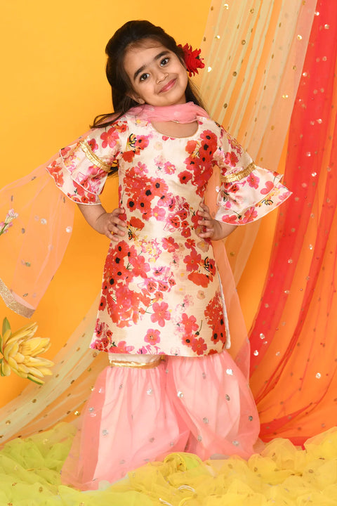 Saka Designs Girl Floral Print Pink Kurta With Sharara & Dupatta