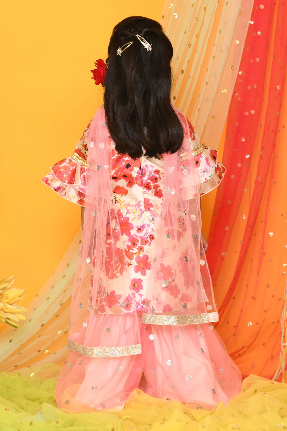 Saka Designs Girl Floral Print Pink Kurta With Sharara & Dupatta