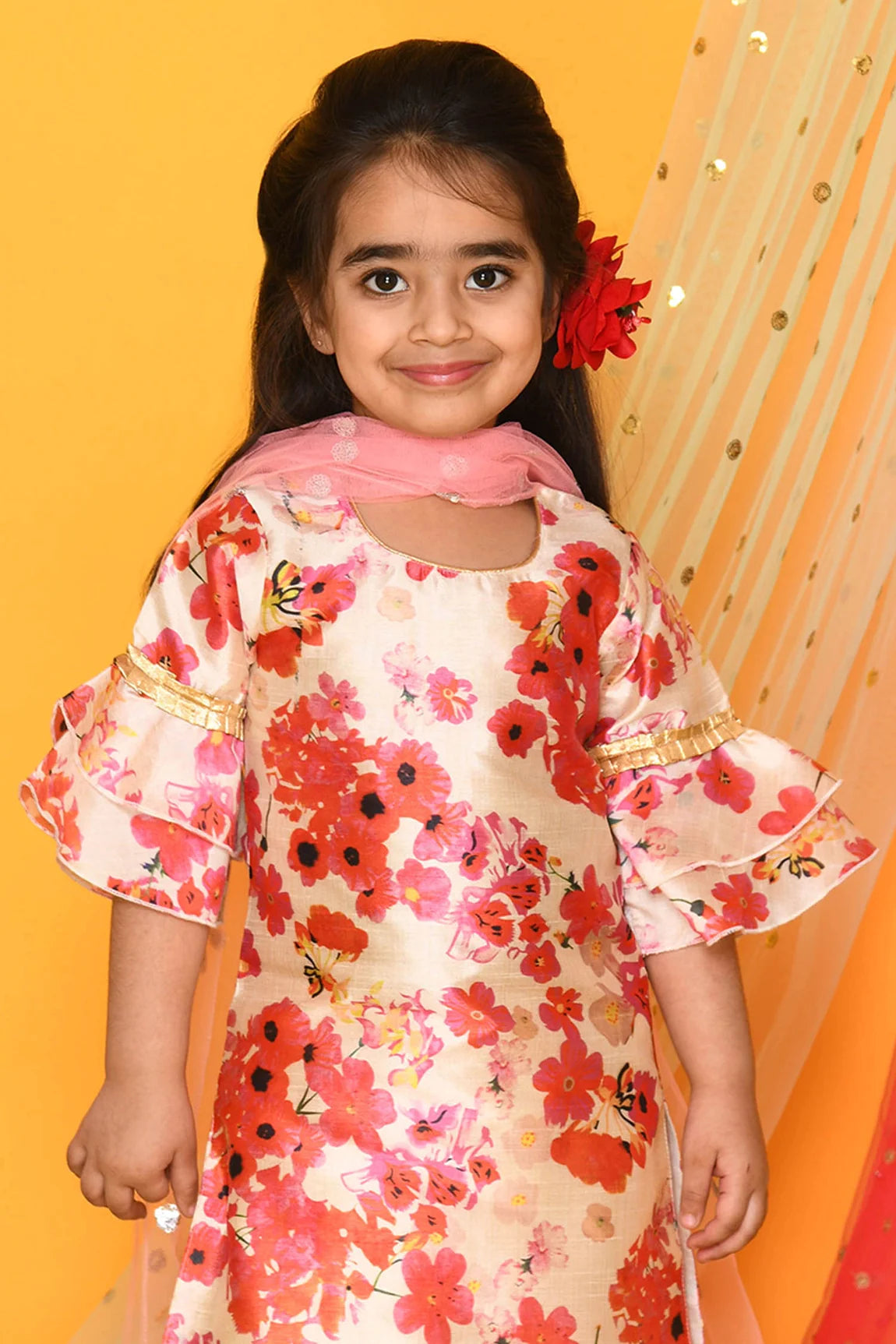 Saka Designs Girl Floral Print Pink Kurta With Sharara & Dupatta