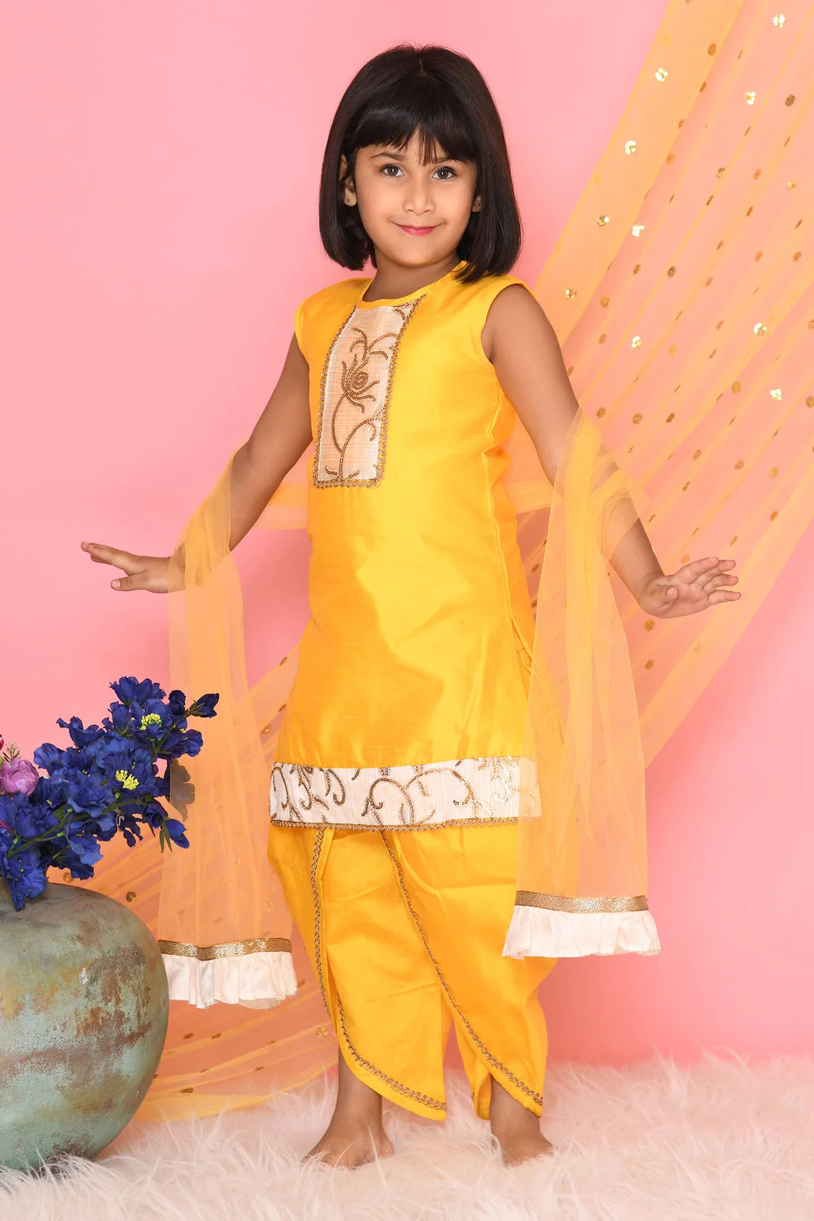 Saka Designs Yellow Kurta & Dhoti With Emberoidery