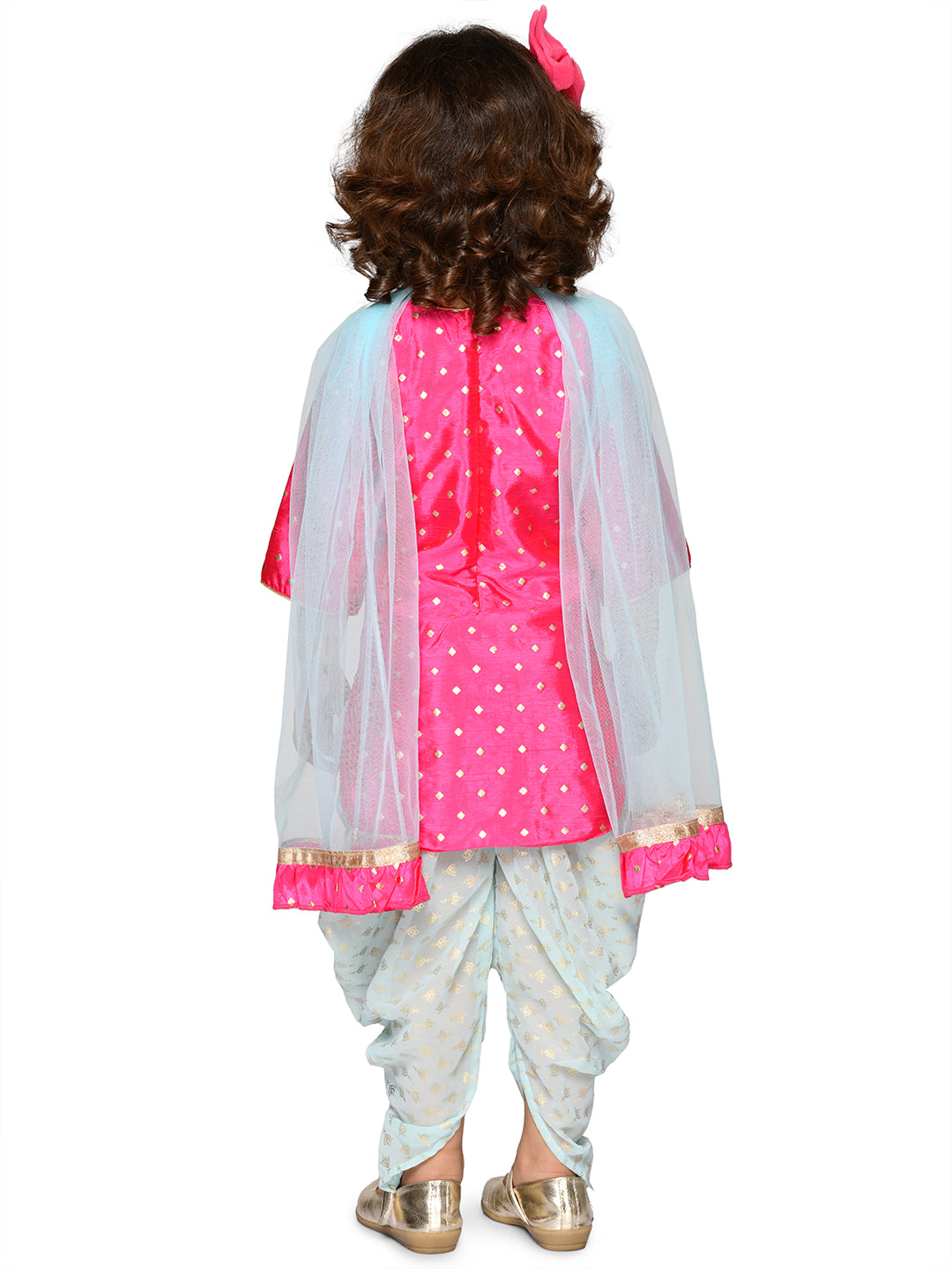 Saka Designs Fuchsia Kurta With Lace Work & Foil Printed Dhoti With Dupatta