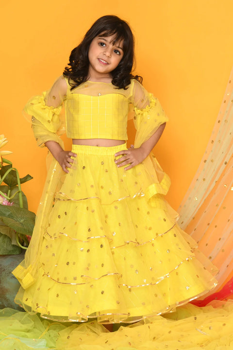 Saka Designs Girl Lemon Yellow Ruffled Lehenga Choli With Sequence Work & Dupatta