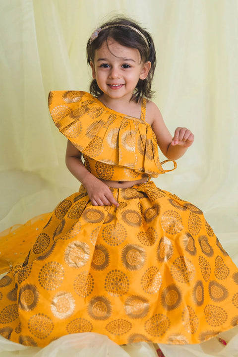 Saka Designs Girl Mustard Jacquard Lehenga Choli With Dupatta