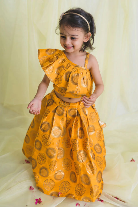 Saka Designs Girl Mustard Jacquard Lehenga Choli With Dupatta