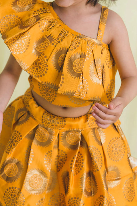 Saka Designs Girl Mustard Jacquard Lehenga Choli With Dupatta