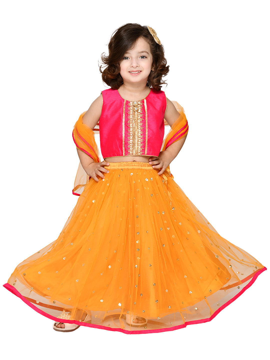 Saka Designs Girl Neon Pink & Orange Lehenga Choli With Dupatta