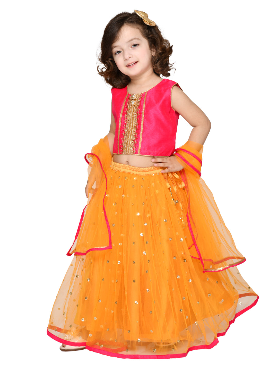 Saka Designs Girl Neon Pink & Orange Lehenga Choli With Dupatta