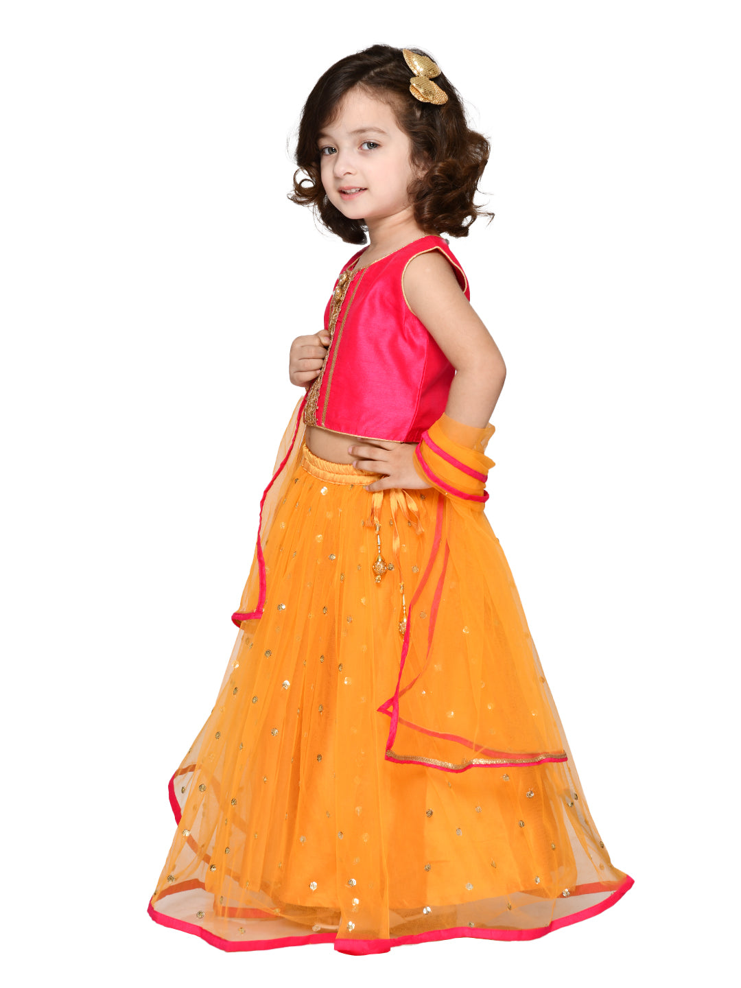 Saka Designs Girl Neon Pink & Orange Lehenga Choli With Dupatta
