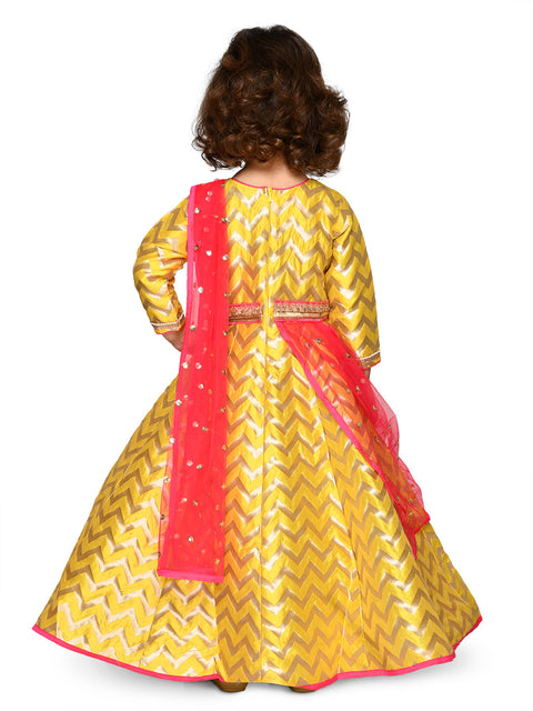 Saka Designs Yellow & Pink Girl'S Maxi Gown With Dupatta & Belt