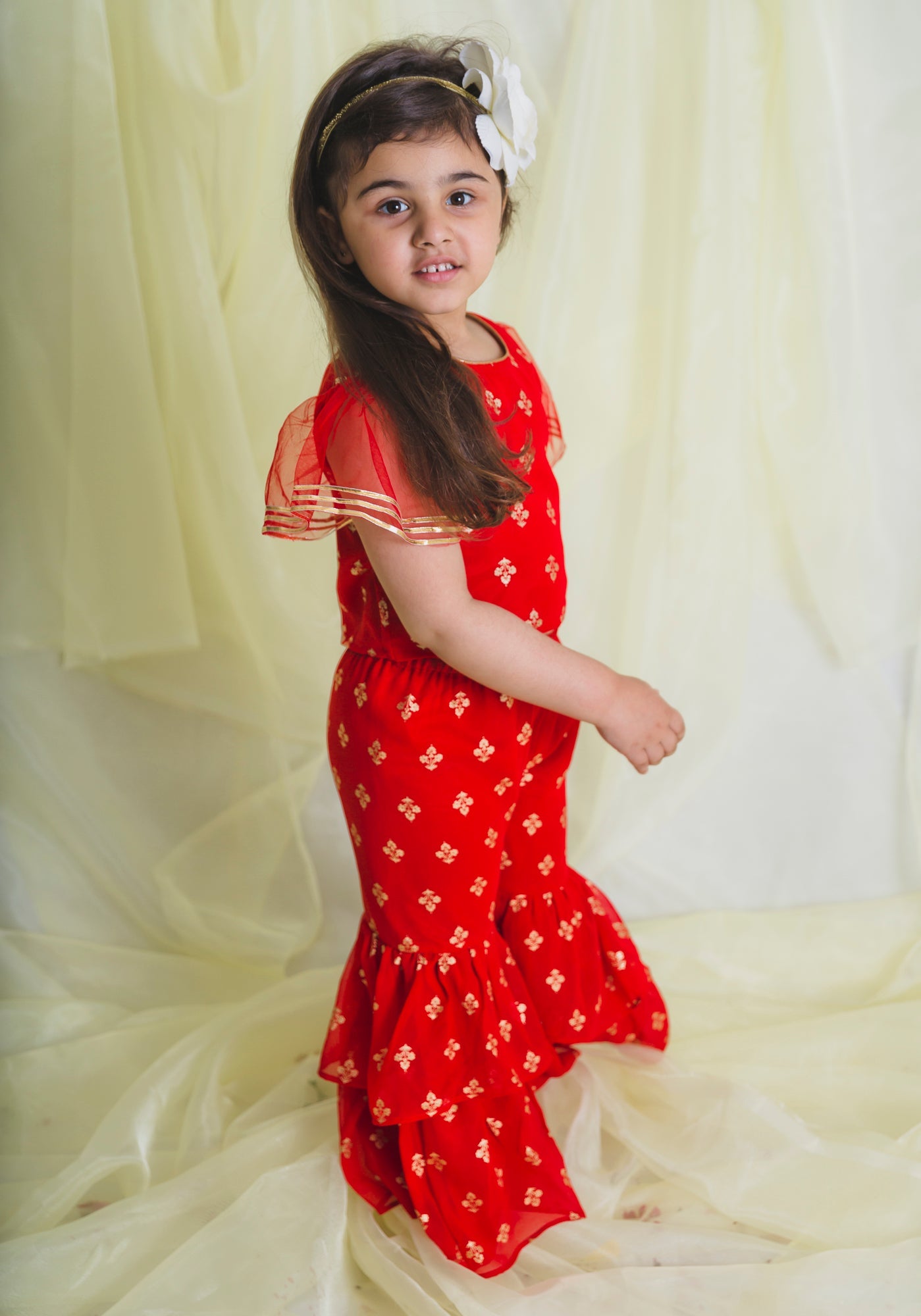 Saka Designs Girl Red Printed Top & Sharara